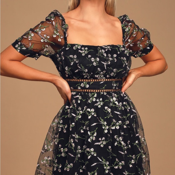 Black Floral Embroidered Short Sleeve Skater Dress - Picture 3 of 6